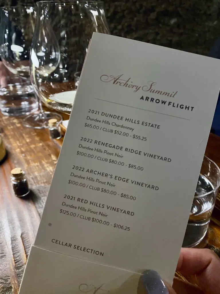 Wine tasting menu featuring Archery Summit vineyard selections