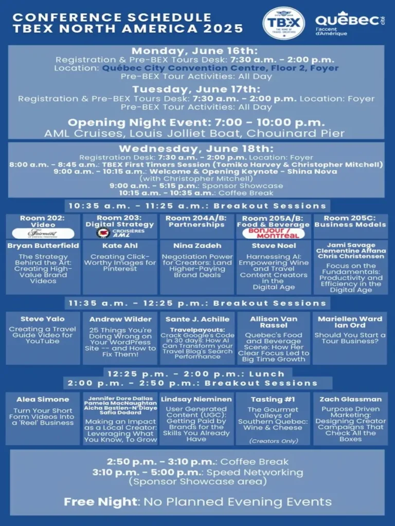 Conference schedule for TBEX North America 2025 lists dates, times, speakers, and TBEX sessions, including the opening night event aboard the Louis Jolliet boat.