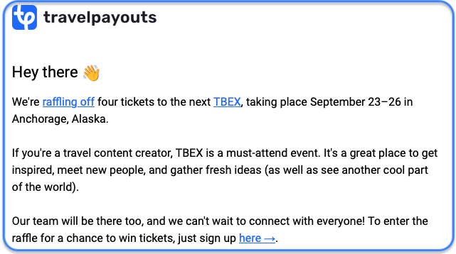 Travelpayouts email doing a raffle for free tickets to TBEX conferences